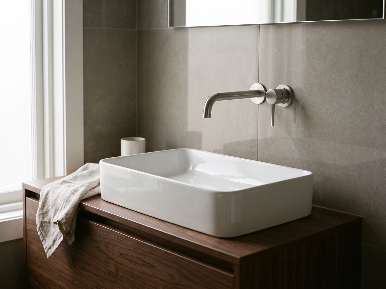 Moderne badkamer met een witte opzetwastafel op een houten meubel tegen grijze tegels