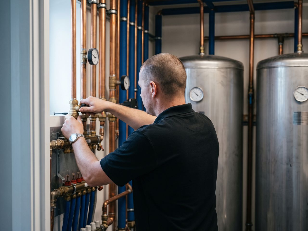 Monteur van ONLÜ stelt een verdeler af in een installatiekamer met koperen leidingen en buffervaten